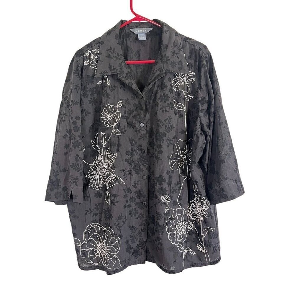 Koret‎ Floral Top 1X Black Embroidery Neutral Burnout Retro Western Boho Classic